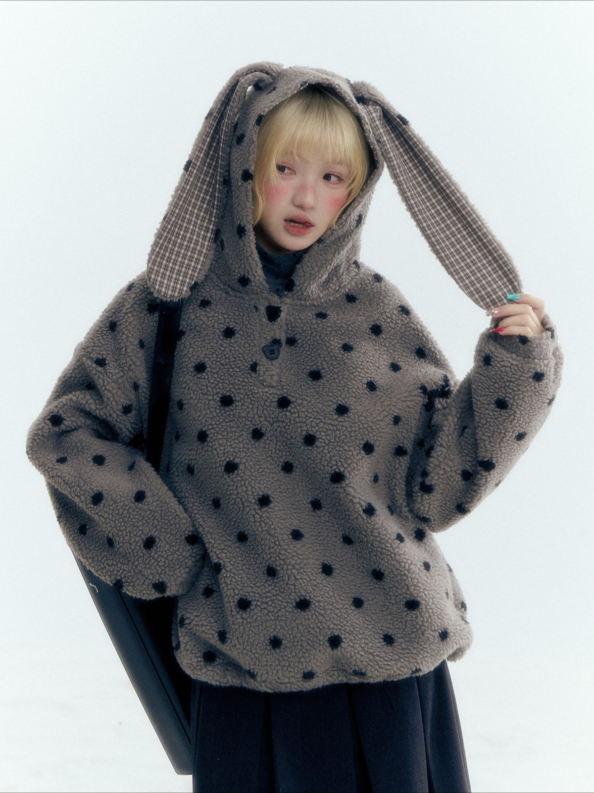Horridale - Pink Black Polka Dot Sherpa Fleece Hoodie with Bunny Ears