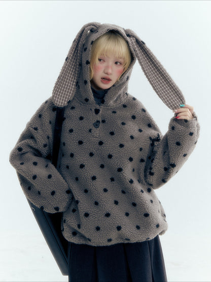 Horridale - Pink Black Polka Dot Sherpa Fleece Hoodie with Bunny Ears