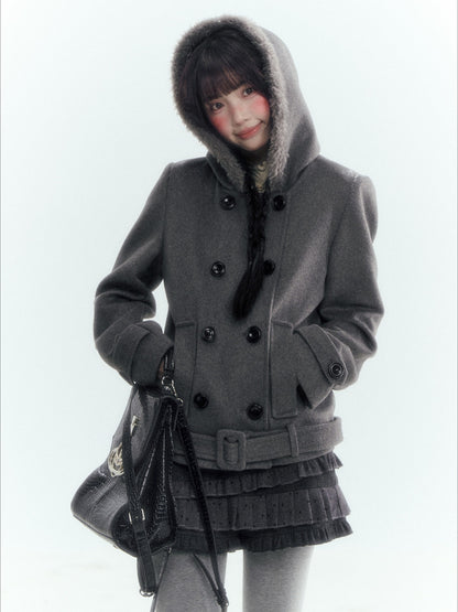 Horridale - Dark Gray Double-Breasted Hooded Wool Blend Coat