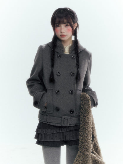 Horridale - Dark Gray Double-Breasted Hooded Wool Blend Coat