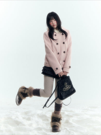 Horridale - Light Pink Double-Breasted Hooded Wool Blend Coat
