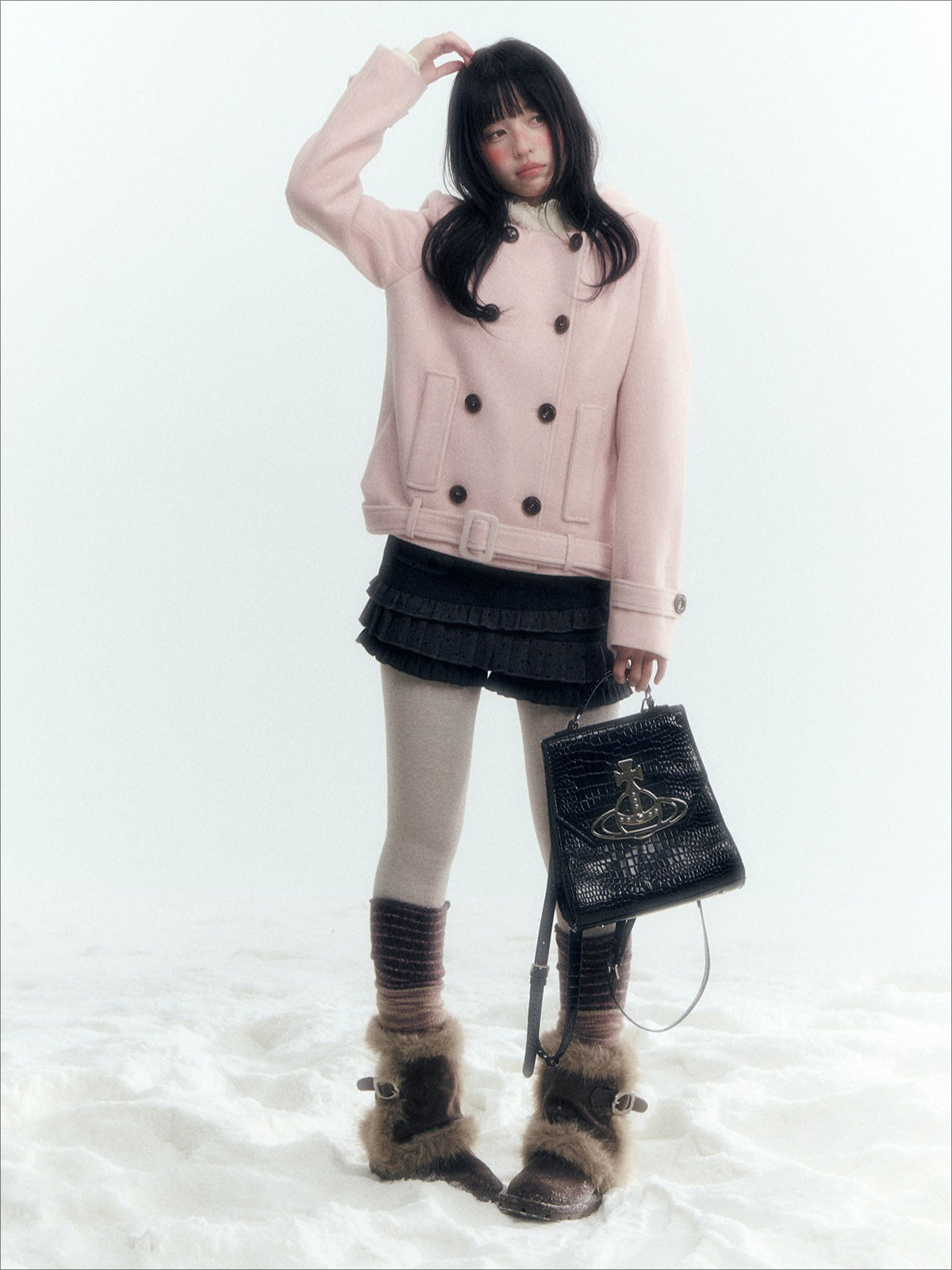Horridale - Light Pink Double-Breasted Hooded Wool Blend Coat
