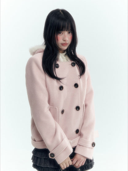 Horridale - Light Pink Double-Breasted Hooded Wool Blend Coat