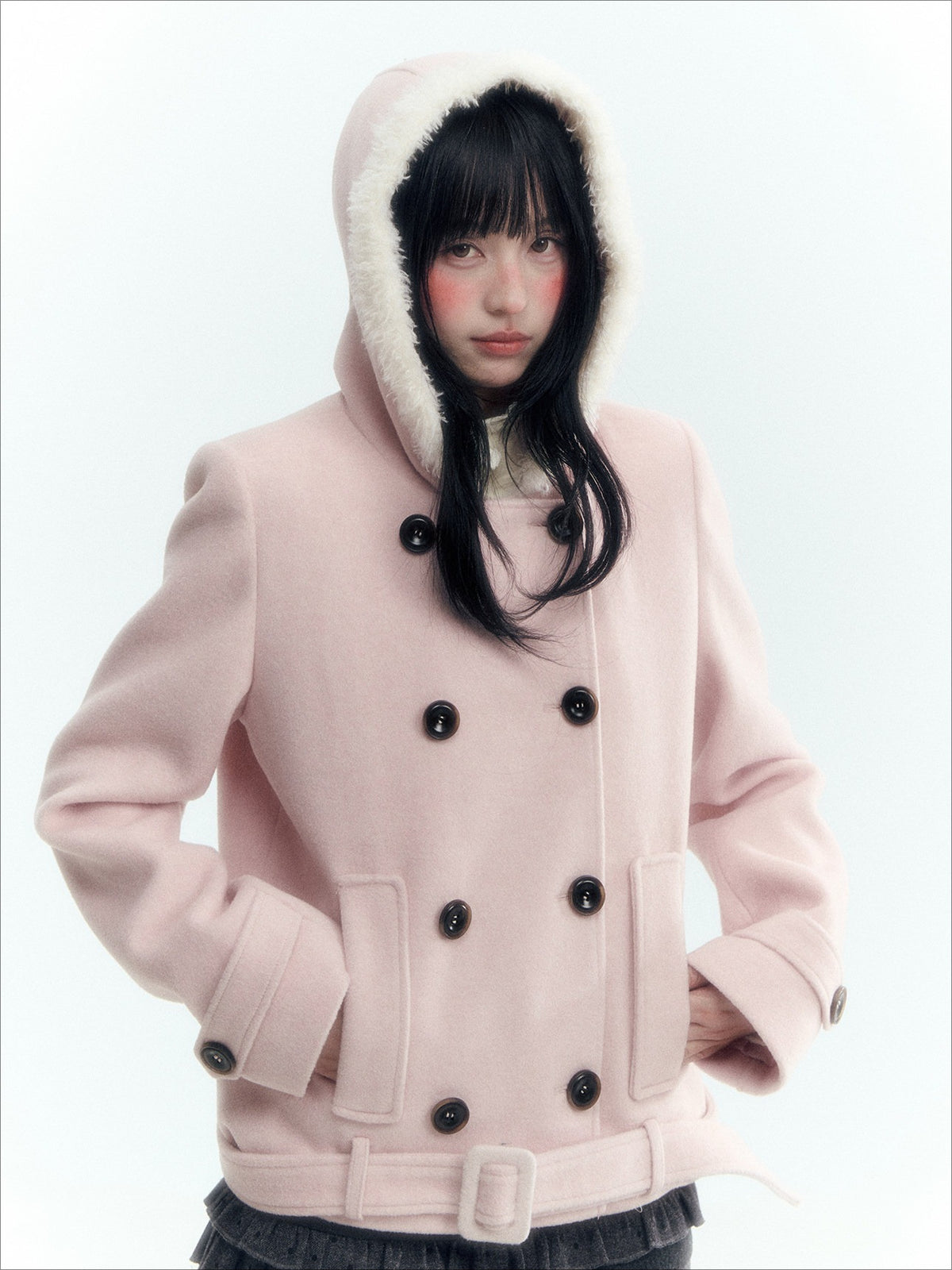 Horridale - Light Pink Double-Breasted Hooded Wool Blend Coat