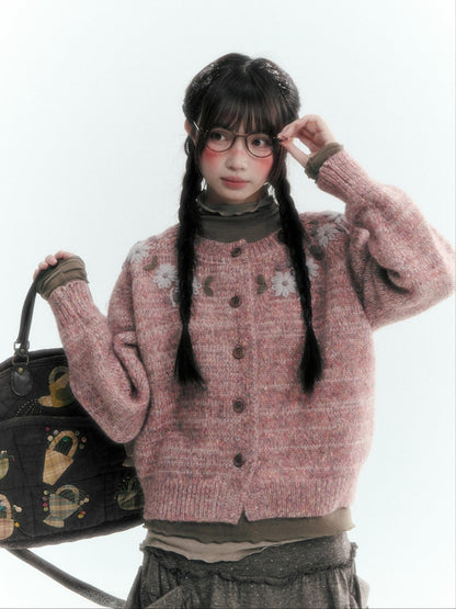Horridale - Dusty Lotus Pink Vintage Crochet Flower Knit Cardigan
