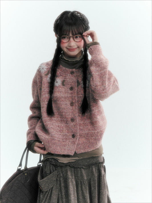 Horridale - Dusty Lotus Pink Vintage Crochet Flower Knit Cardigan