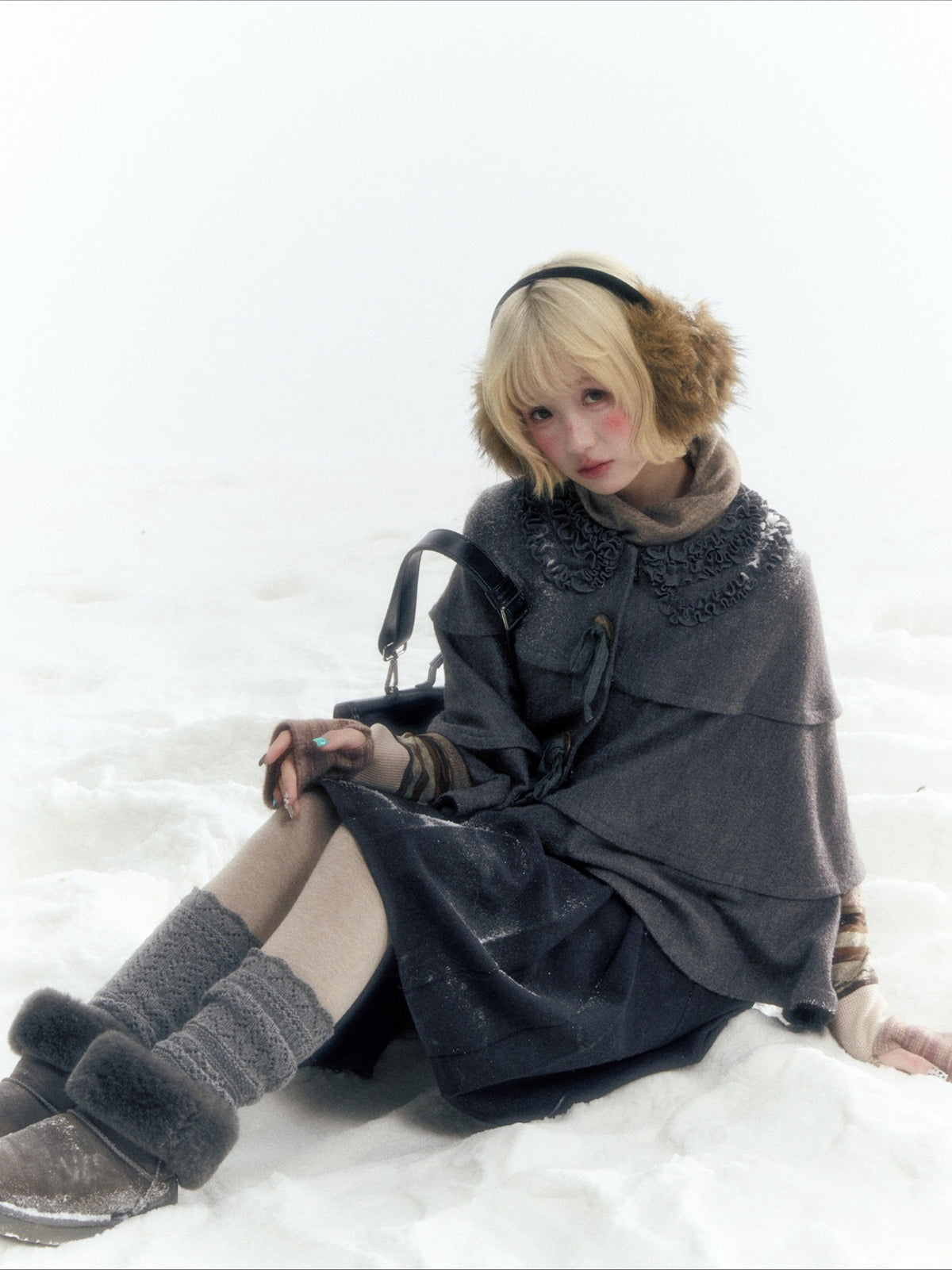 Horridale - Warm Charcoal Gray Knit Cape Poncho with Ruffle Collar