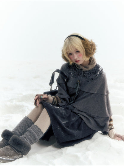Horridale - Warm Charcoal Gray Knit Cape Poncho with Ruffle Collar