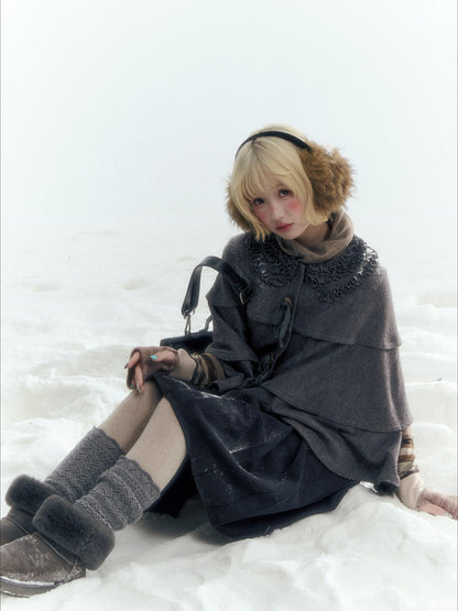 Horridale - Warm Charcoal Gray Knit Cape Poncho with Ruffle Collar
