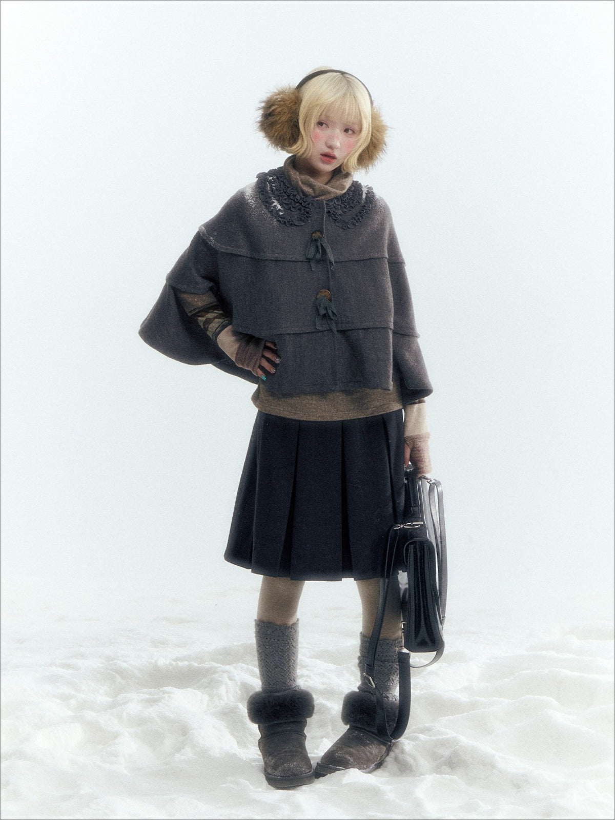 Horridale - Warm Charcoal Gray Knit Cape Poncho with Ruffle Collar