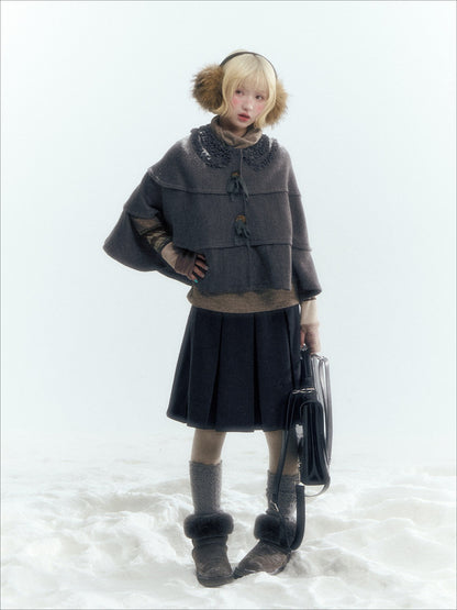 Horridale - Warm Charcoal Gray Knit Cape Poncho with Ruffle Collar