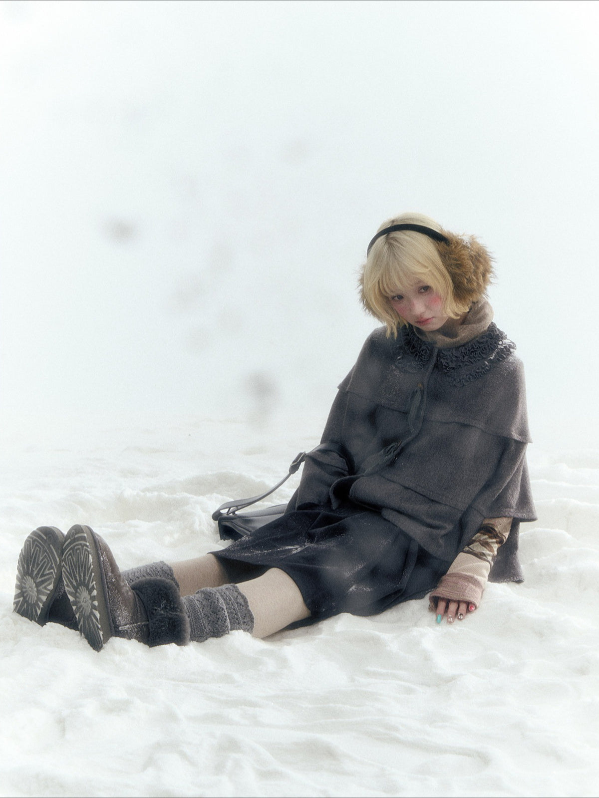 Horridale - Warm Charcoal Gray Knit Cape Poncho with Ruffle Collar