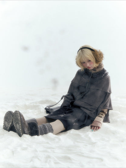 Horridale - Warm Charcoal Gray Knit Cape Poncho with Ruffle Collar