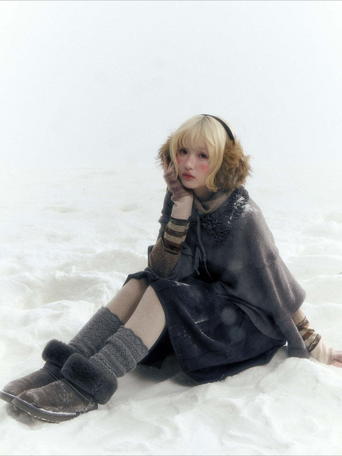 Horridale - Warm Charcoal Gray Knit Cape Poncho with Ruffle Collar