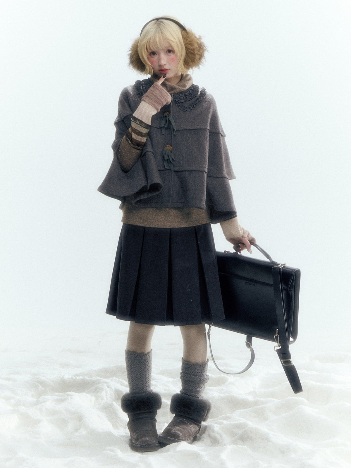 Horridale - Warm Charcoal Gray Knit Cape Poncho with Ruffle Collar