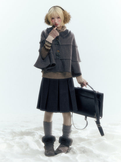 Horridale - Warm Charcoal Gray Knit Cape Poncho with Ruffle Collar