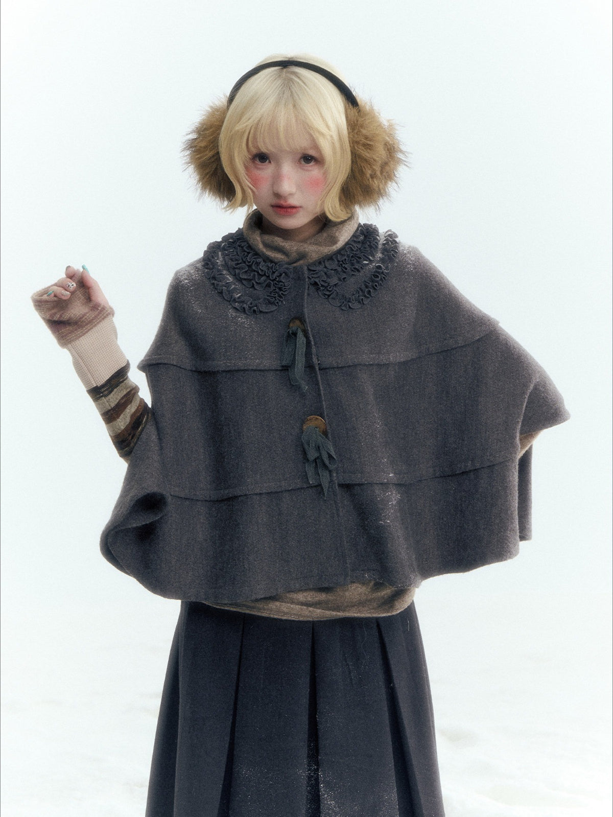Horridale - Warm Charcoal Gray Knit Cape Poncho with Ruffle Collar
