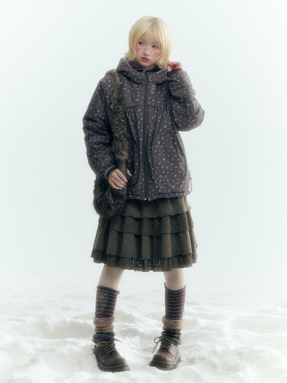 Horridale - Misty Purple Reversible Floral Hooded Down Jacket