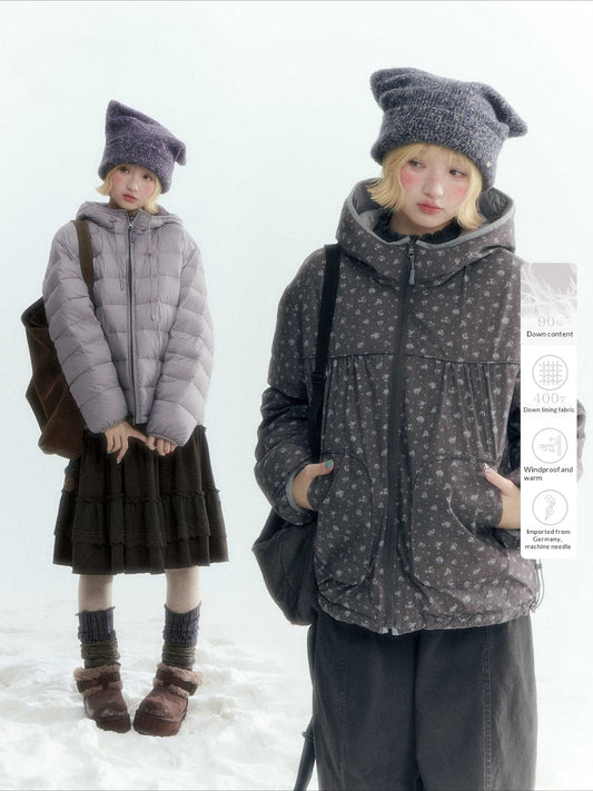 Horridale - Misty Purple Reversible Floral Hooded Down Jacket