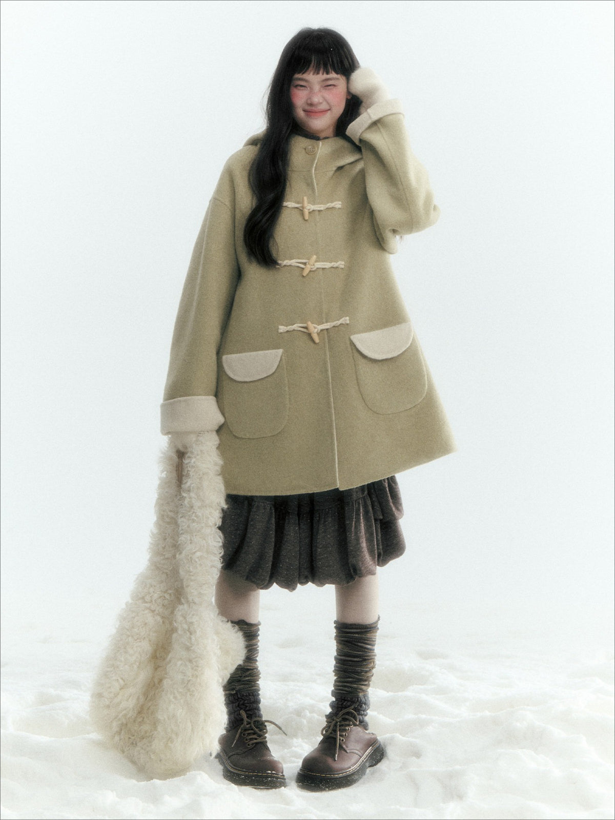 Horridale - Moss Green and Cream Reversible Hooded Wool Coat