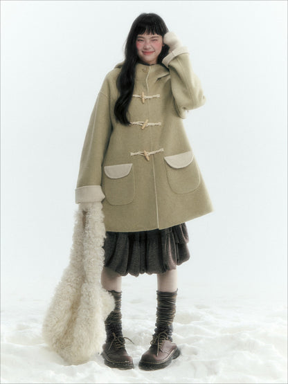 Horridale - Moss Green and Cream Reversible Hooded Wool Coat