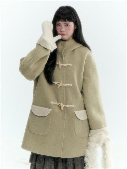 Horridale - Moss Green and Cream Reversible Hooded Wool Coat