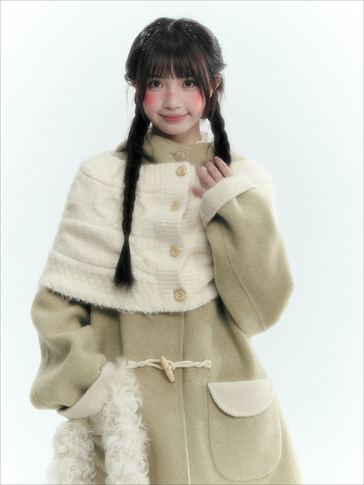 Horridale - Moss Green and Cream Reversible Hooded Wool Coat