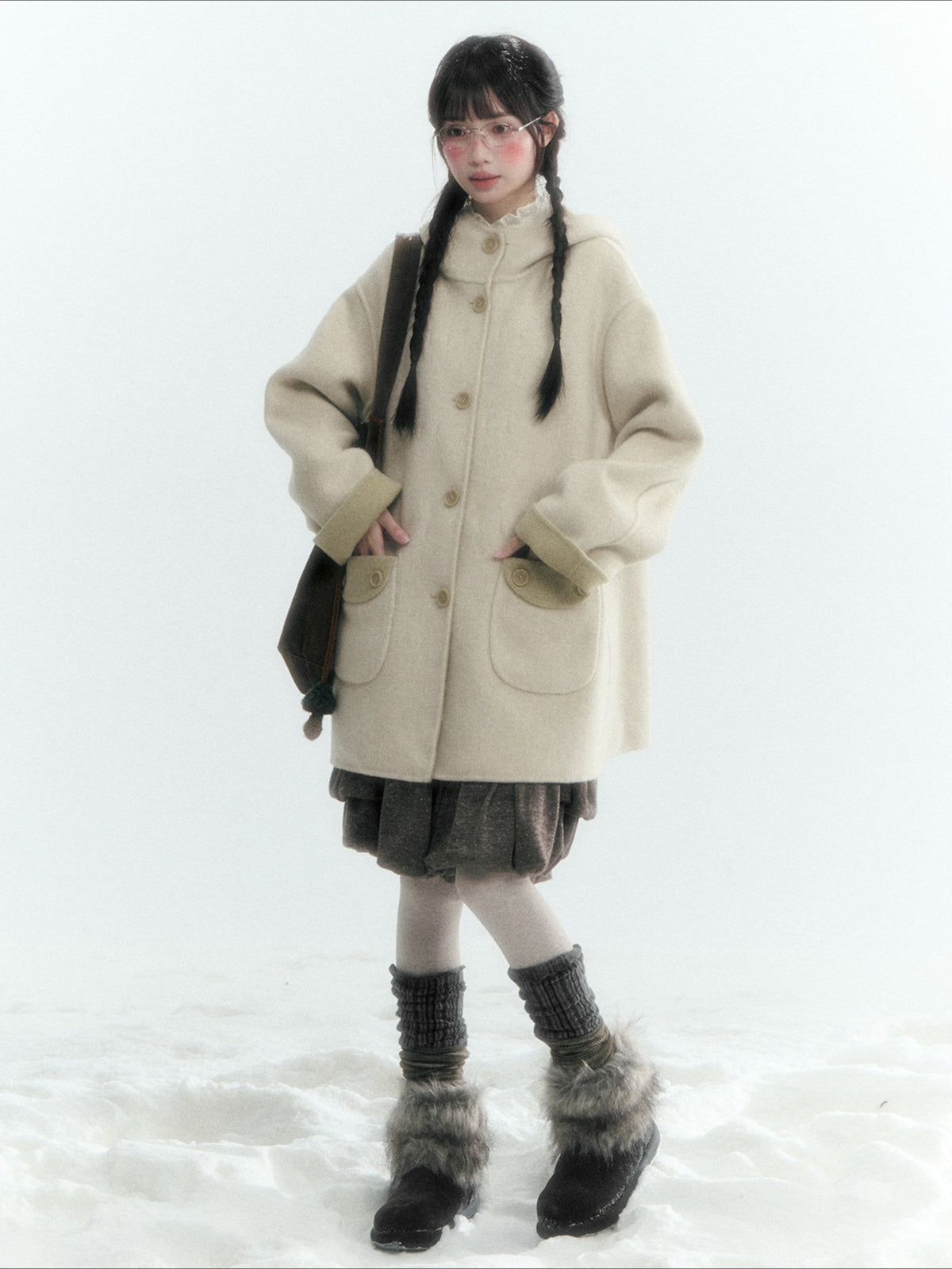 Horridale - Moss Green and Cream Reversible Hooded Wool Coat