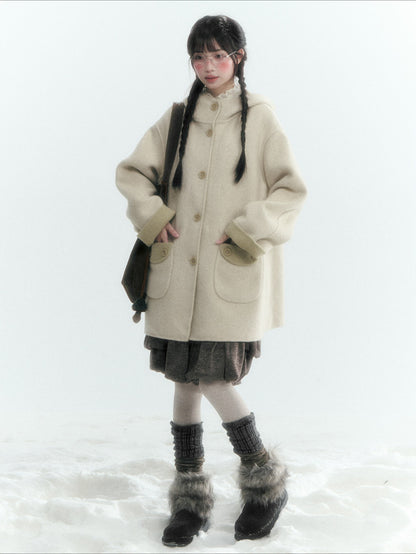 Horridale - Moss Green and Cream Reversible Hooded Wool Coat