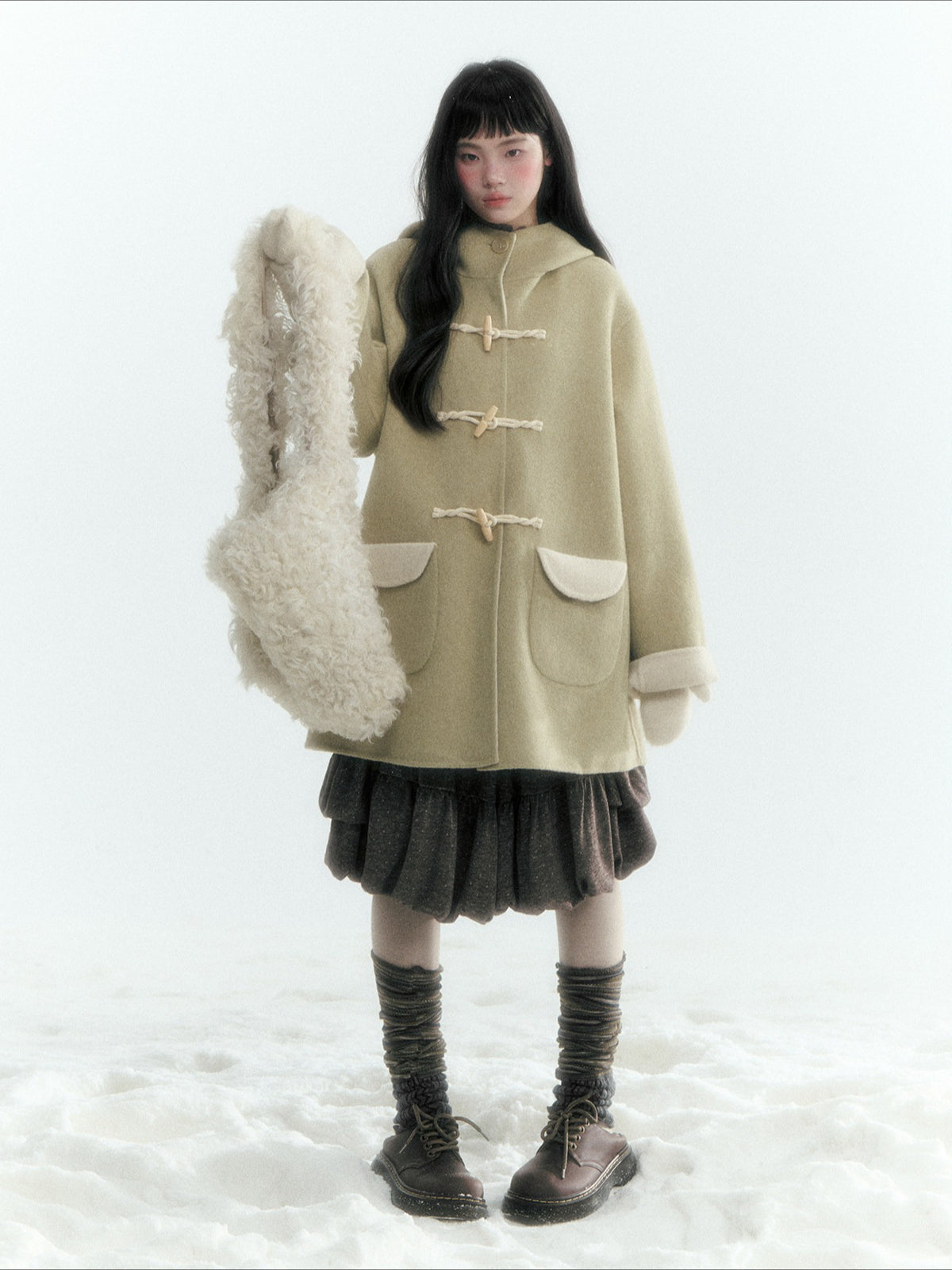 Horridale - Moss Green and Cream Reversible Hooded Wool Coat