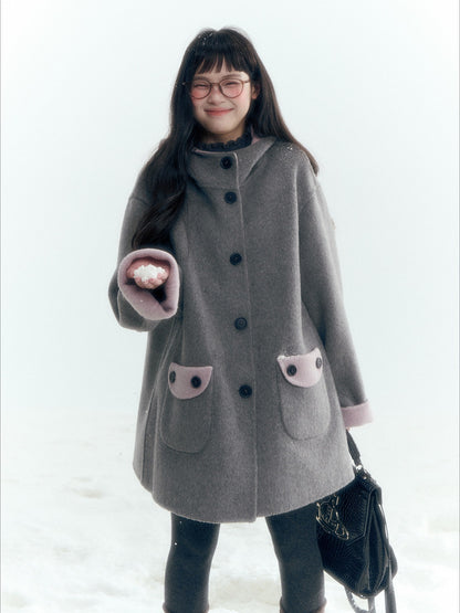 Horridale - Purple and Gray Reversible Hooded Wool Coat