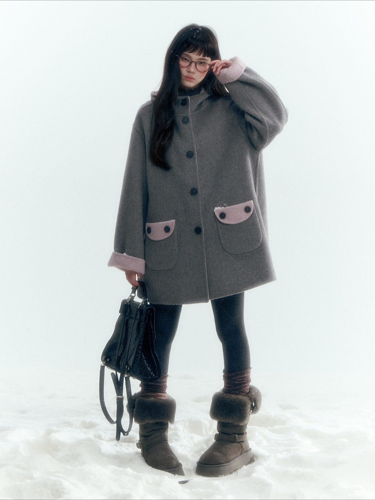 Horridale - Purple and Gray Reversible Hooded Wool Coat