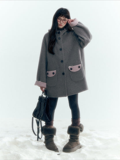 Horridale - Purple and Gray Reversible Hooded Wool Coat