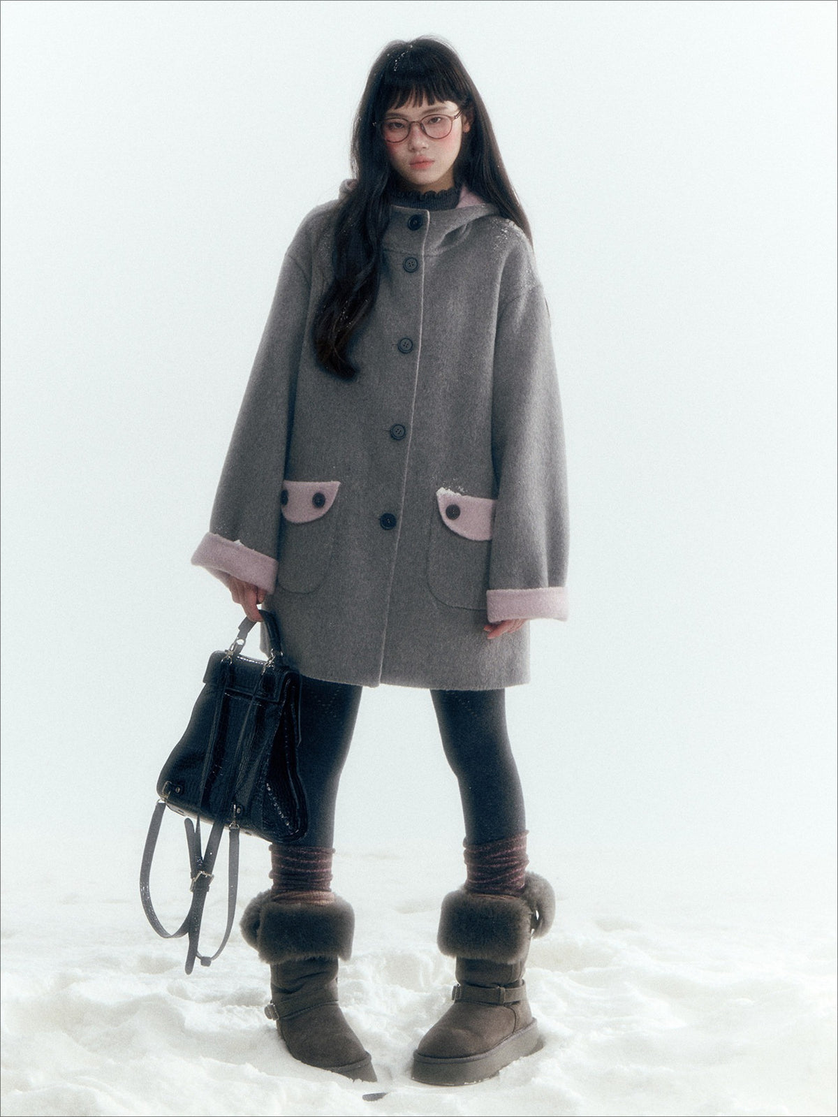 Horridale - Purple and Gray Reversible Hooded Wool Coat