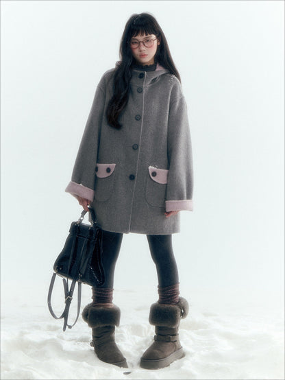 Horridale - Purple and Gray Reversible Hooded Wool Coat