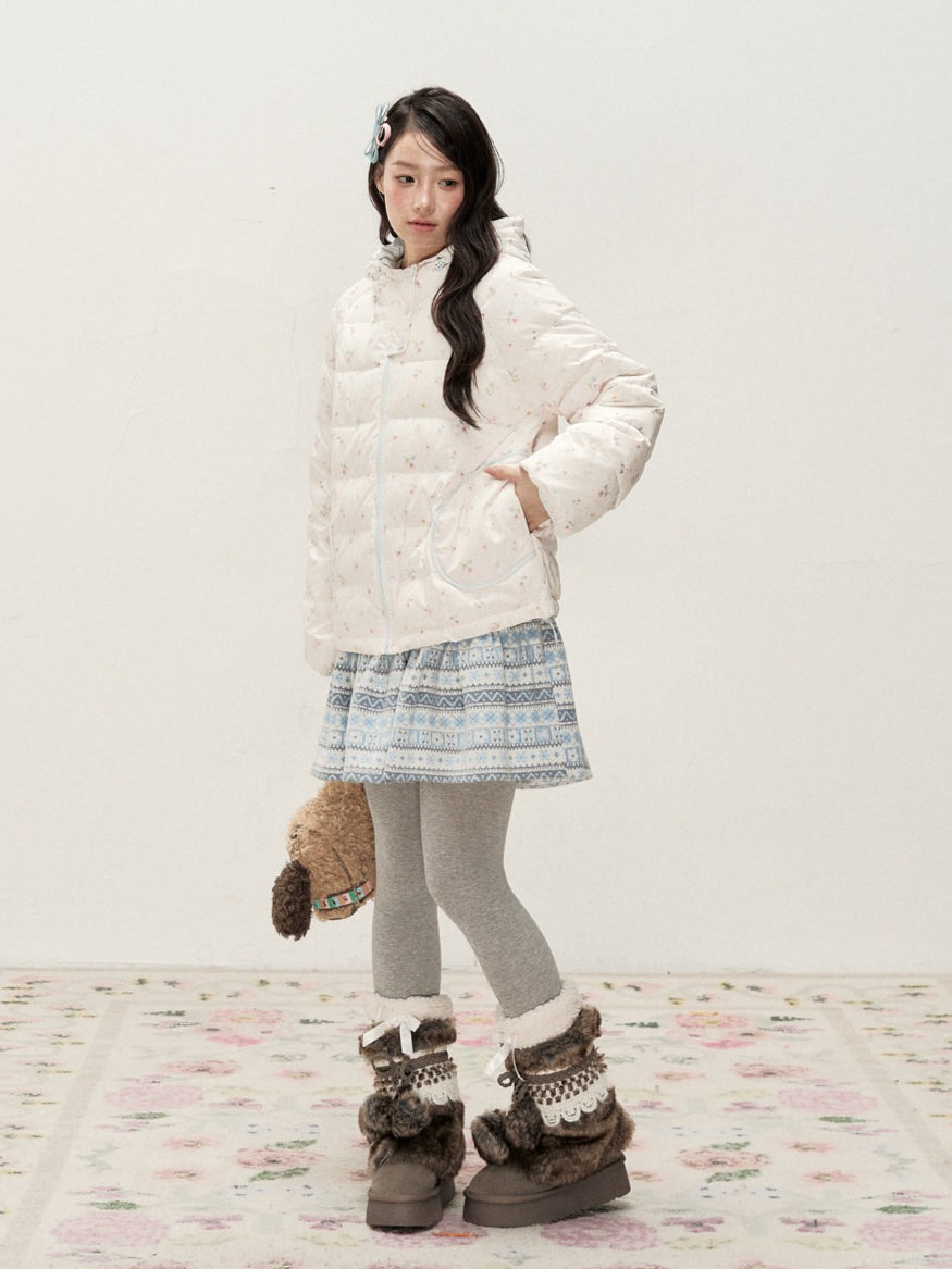 RF - Ivory Floral Print Cropped Hooded Down Jacket with Contrast Lining