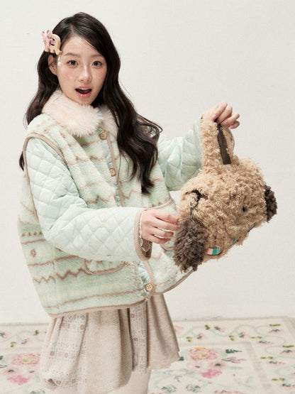 RF - Mint Green and Light Brown Fair Isle Quilted Faux Fur Vest Jacket