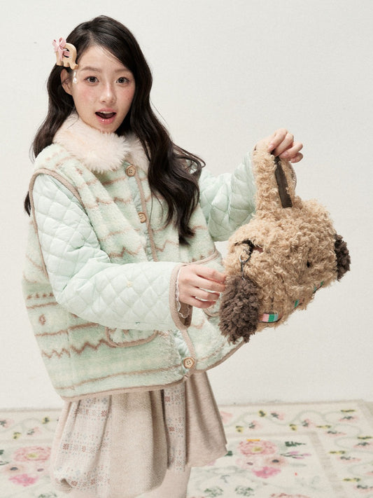 RF - Mint Green and Light Brown Fair Isle Quilted Faux Fur Vest Jacket