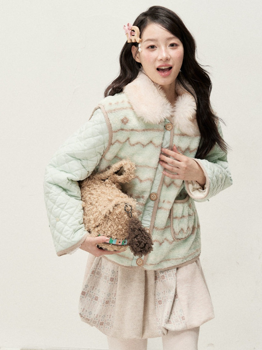RF - Mint Green and Light Brown Fair Isle Quilted Faux Fur Vest Jacket