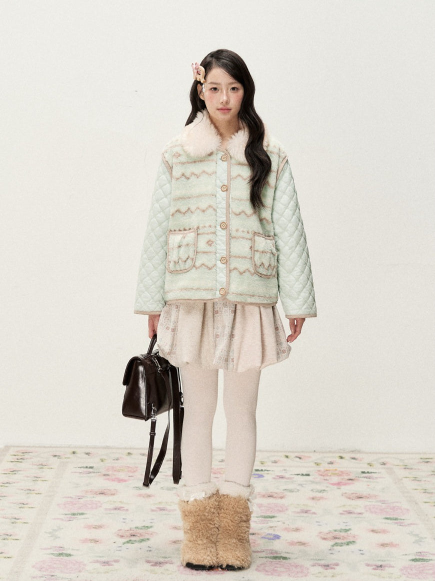 RF - Mint Green and Light Brown Fair Isle Quilted Faux Fur Vest Jacket