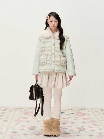 RF - Mint Green and Light Brown Fair Isle Quilted Faux Fur Vest Jacket