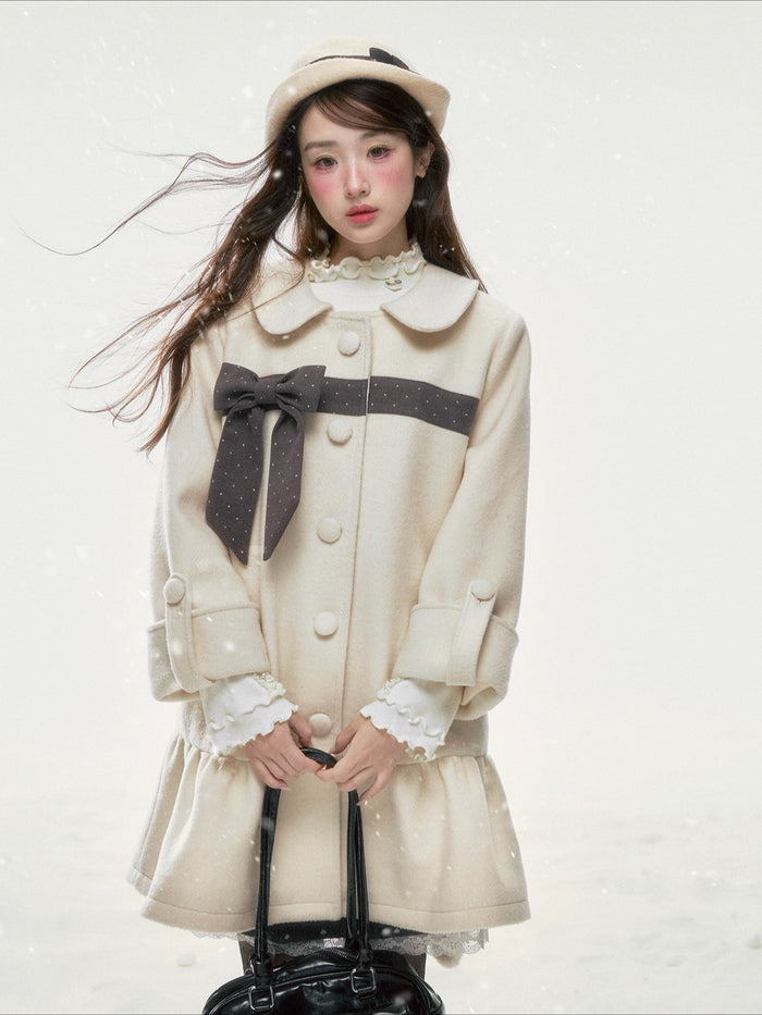 BIBIBENCY - Ivory Wool-Blend Coat with Gray Bow Detail