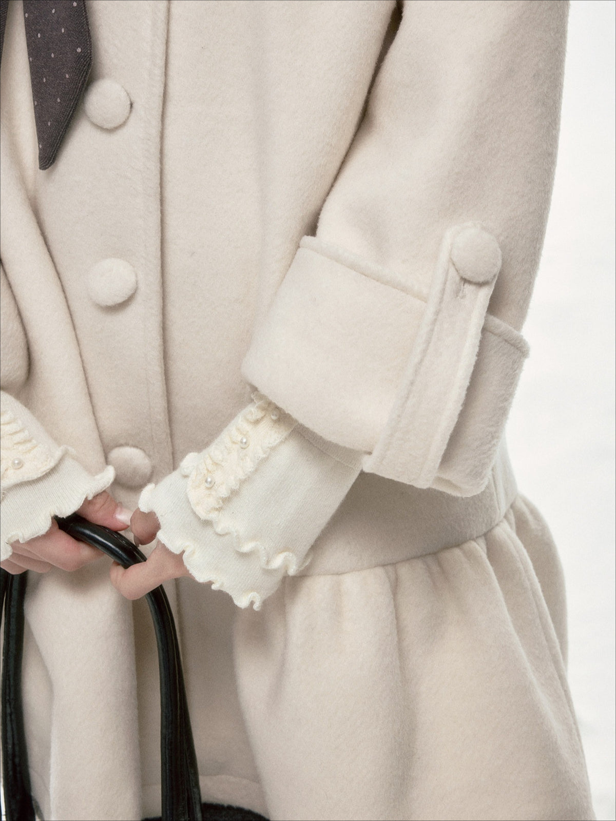 BIBIBENCY - Ivory Wool-Blend Coat with Gray Bow Detail