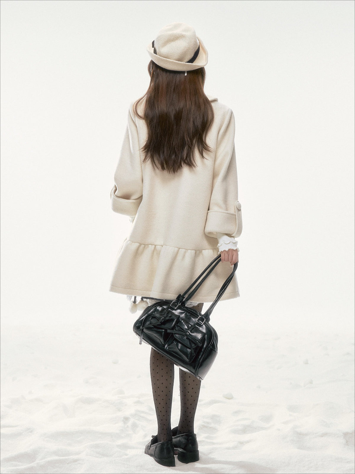 BIBIBENCY - Ivory Wool-Blend Coat with Gray Bow Detail