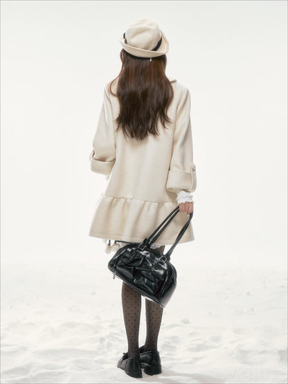 BIBIBENCY - Ivory Wool-Blend Coat with Gray Bow Detail