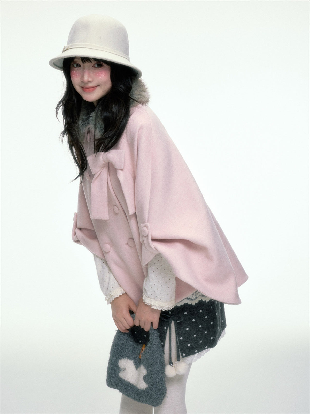 BIBIBENCY - Pink Wool-Blend Double-Breasted Coat