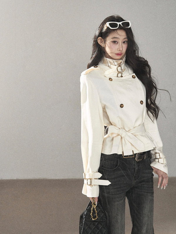 AOMALM - Ivory Linen-Blend High-Neck Trench Coat with Detachable Belt