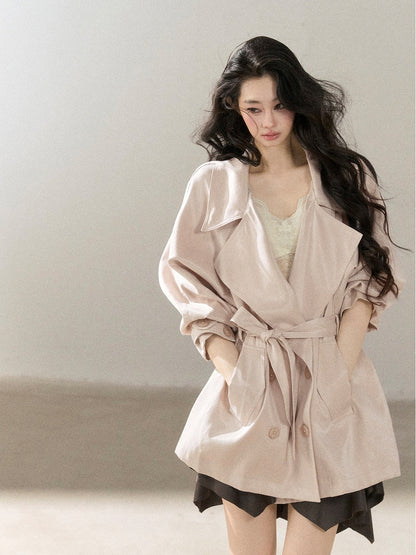 AOMALM - Ballet Pink Satin Cropped Trench Coat with Belt