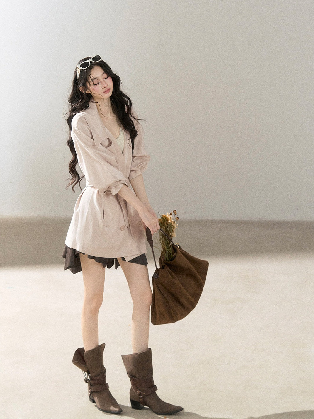 AOMALM - Ballet Pink Satin Cropped Trench Coat with Belt
