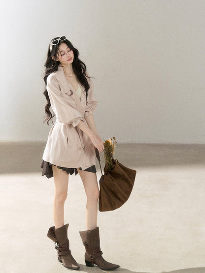 AOMALM - Ballet Pink Satin Cropped Trench Coat with Belt